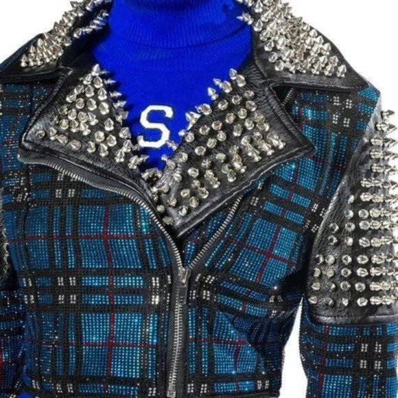 Callie Lives Jackets & Blazers - Callie Berry Bling: Teal Plaid Rhinestone Silver Studded Black Moto Jacket